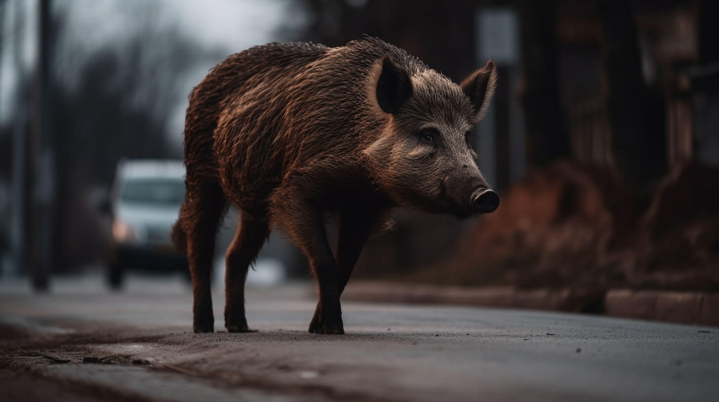Ein einzelnes Wildschwein läuft über eine Straße.