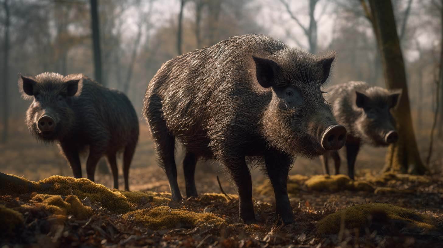 Mehrere Wildschweine stehen im Wald