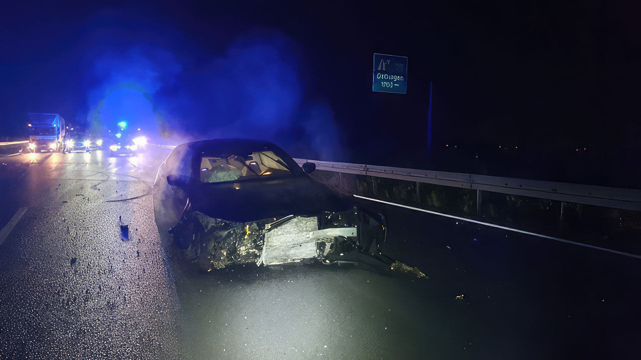 Ein sichtlich zerstörter Pkw nach einem Unfall steht auf einer Autobahn. Im Hintergrund ist Blaulicht zu erkennen.