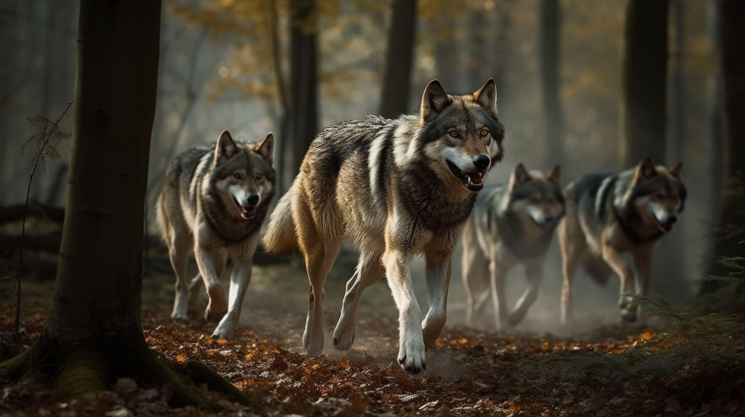 Einige Wölfe laufen im Wald zwischen Bäumen umher