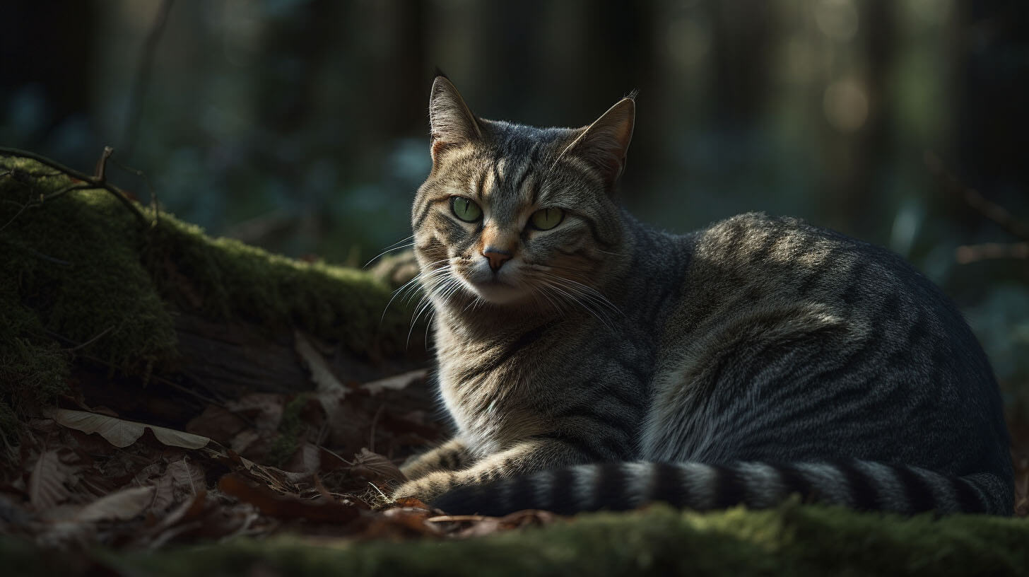 Eine einzelne Wildkatze sitzt auf dem Waldboden und schaut in Richtung des Fotografen