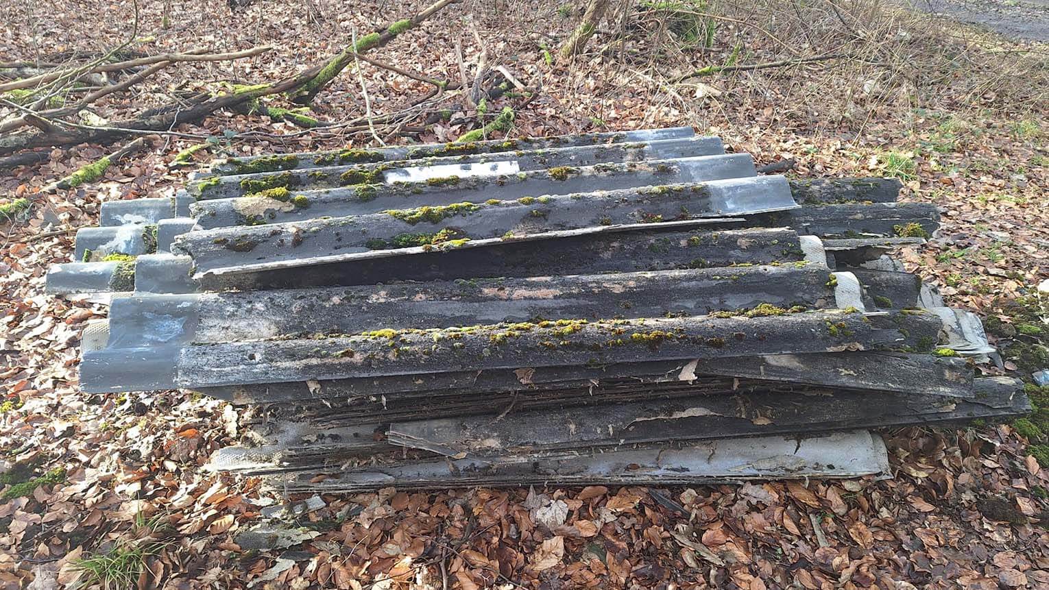 Asbestplatten liegen auf dem Boden im Wald