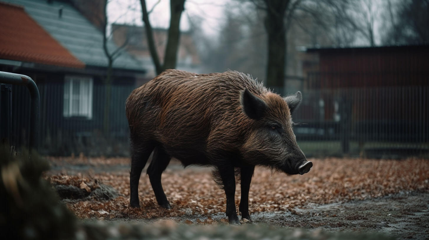 Ein einzelnes Wildschwein steht auf einem Schulhof