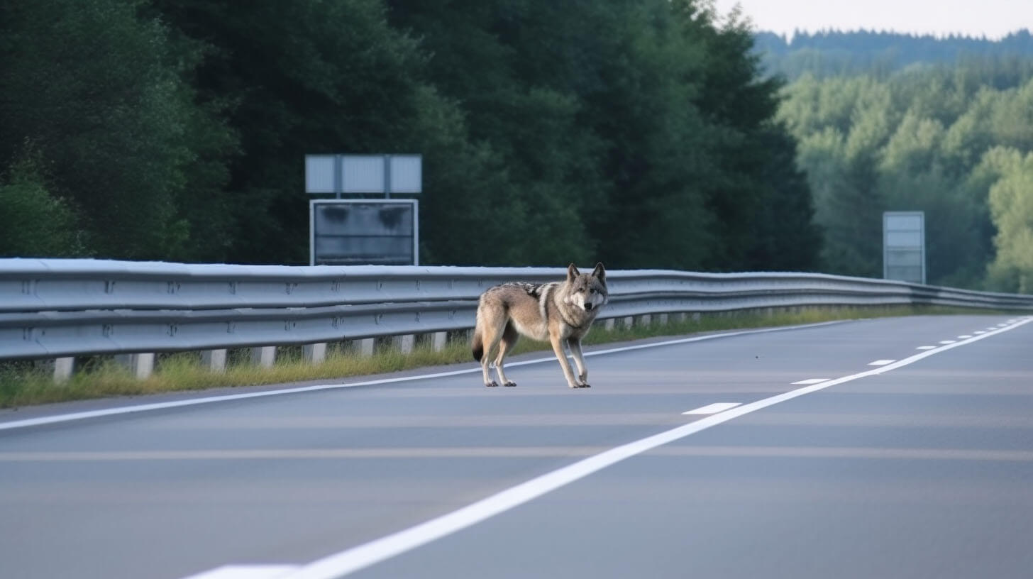 Einzelner Wolf steht auf der Autobahn