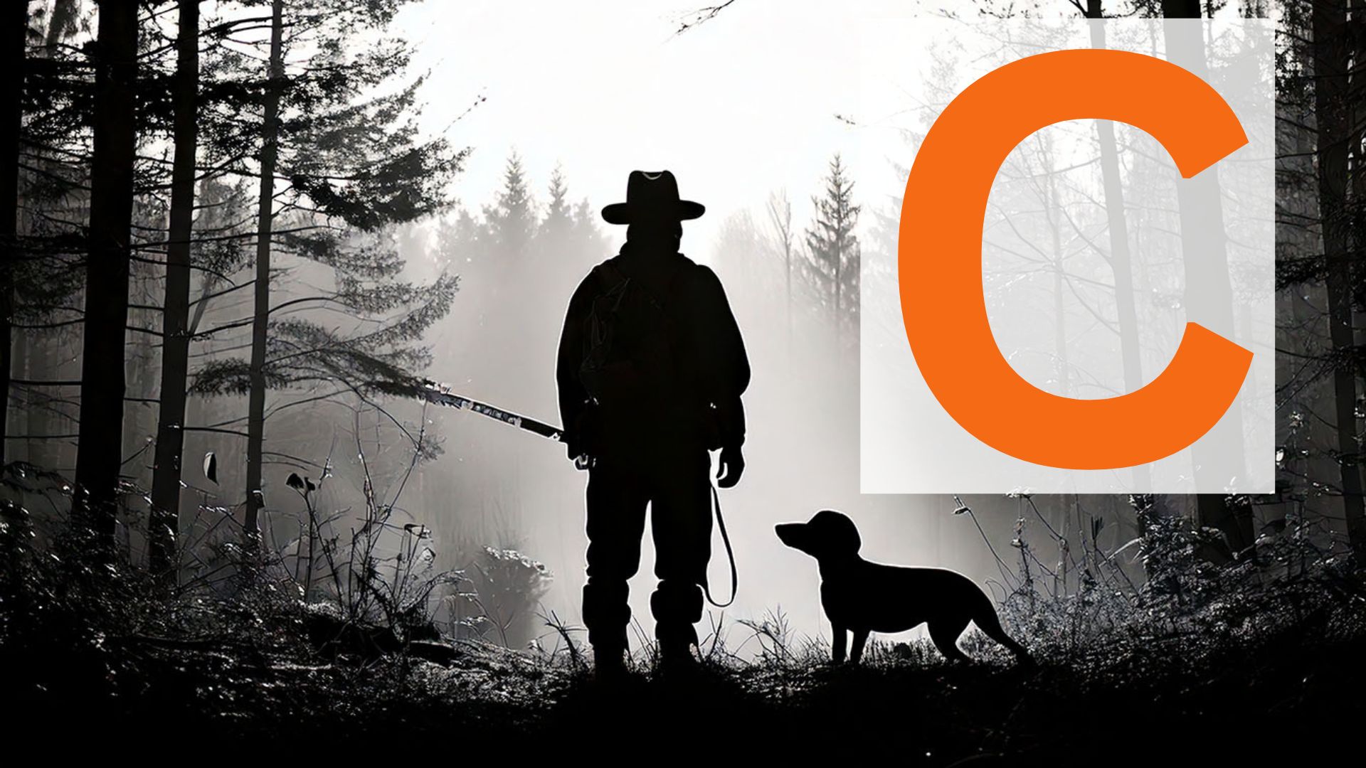 Scherenschnitt eines Jägers mit einem Hund neben sich. Im oberen rechten Bilddrittel ist in orangefarbener Schrift der Buchstabe C zu lesen.